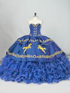 Eye-catching Blue 15th Birthday Dress Sweet 16 and Quinceanera with Embroidery and Ruffled Layers Sweetheart Sleeveless Brush Train Lace Up