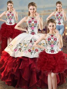 Suitable Sleeveless Floor Length Embroidery and Ruffles Lace Up 15 Quinceanera Dress with White And Red