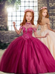 Latest Fuchsia Tulle Lace Up High-neck Sleeveless Floor Length Kids Pageant Dress Beading