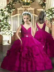 Discount V-neck Sleeveless Backless Beading Little Girl Pageant Dress in Fuchsia