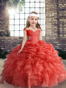 Coral Red Straps Neckline Beading and Ruffles and Pick Ups Child Pageant Dress Sleeveless Lace Up