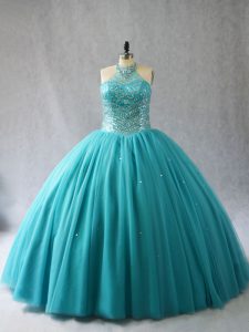 Stunning Halter Top Sleeveless Ball Gown Prom Dress Brush Train Beading Aqua Blue Tulle