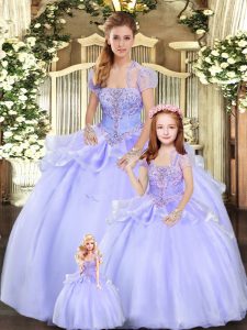 Lavender Ball Gowns Strapless Sleeveless Organza Floor Length Lace Up Beading and Appliques Ball Gown Prom Dress