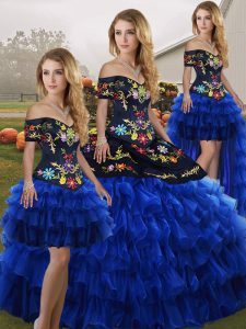 Off The Shoulder Sleeveless 15th Birthday Dress Floor Length Embroidery and Ruffled Layers Blue And Black Organza