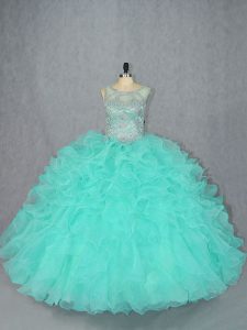 Floor Length Lace Up Juniors Party Dress Aqua Blue for Sweet 16 and Quinceanera with Beading
