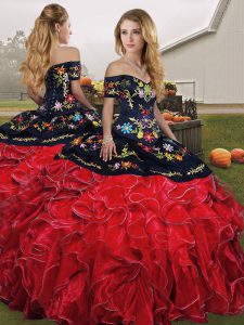 Deluxe Red And Black Ball Gowns Embroidery and Ruffles Quince Ball Gowns Lace Up Organza Sleeveless Floor Length