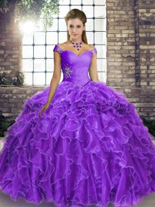 Beautiful Off The Shoulder Sleeveless Brush Train Lace Up Quinceanera Dresses Lavender Organza