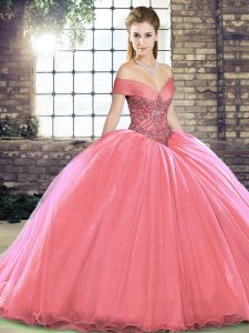 High End Ball Gowns Sleeveless Watermelon Red Sweet 16 Dress Brush Train Lace Up