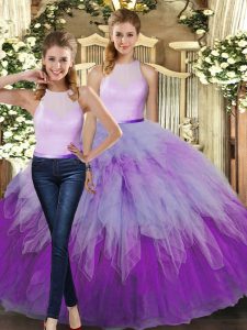 Excellent Two Pieces Sweet 16 Dress Multi-color High-neck Organza Sleeveless Floor Length Backless