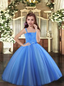 Floor Length Blue and Yellow And White Little Girl Pageant Gowns Tulle Sleeveless Beading