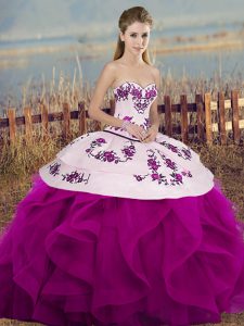 Clearance Fuchsia 15 Quinceanera Dress Military Ball and Sweet 16 and Quinceanera with Embroidery and Ruffles and Bowknot Sweetheart Sleeveless Lace Up