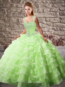 Organza Straps Sleeveless Court Train Lace Up Beading and Ruffled Layers Juniors Party Dress in