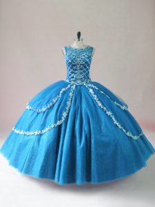 Eye-catching Scoop Sleeveless Tulle Sweet 16 Dresses Beading and Appliques Lace Up