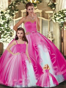 Graceful Hot Pink Ball Gowns Sweetheart Sleeveless Tulle Floor Length Lace Up Ruffles 15th Birthday Dress