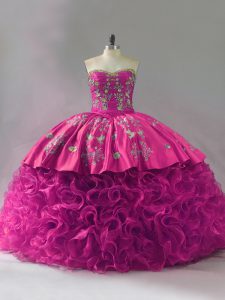Sleeveless Floor Length Embroidery and Ruffles Lace Up 15 Quinceanera Dress with Fuchsia