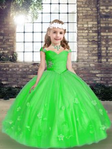 High Class Green Sleeveless Beading and Hand Made Flower Floor Length Pageant Dress