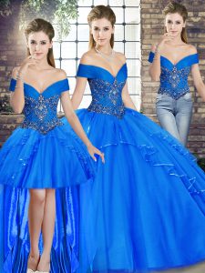 Cute Sleeveless Floor Length Beading and Ruffles Lace Up 15 Quinceanera Dress with Royal Blue
