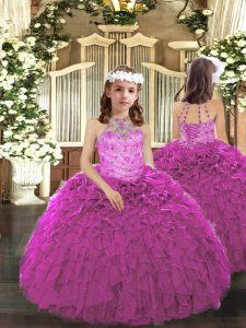 Fuchsia Tulle Lace Up Kids Formal Wear Sleeveless Floor Length Beading and Ruffles