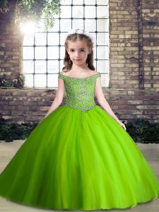 Latest Off The Shoulder Sleeveless Little Girls Pageant Gowns Floor Length Beading Green Tulle