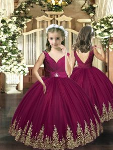 Custom Made Burgundy Ball Gowns Embroidery Girls Pageant Dresses Backless Tulle Sleeveless Floor Length