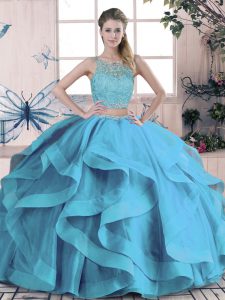 Vintage Blue Quinceanera Gown Sweet 16 and Quinceanera with Beading and Ruffles Scoop Sleeveless Lace Up