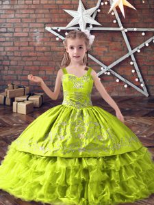 Customized Yellow Green Sleeveless Floor Length Embroidery and Ruffled Layers Lace Up Little Girls Pageant Gowns