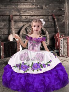 Wonderful Purple Off The Shoulder Lace Up Beading and Embroidery and Ruffles Girls Pageant Dresses Sleeveless