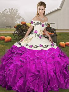 White And Purple Ball Gowns Embroidery and Ruffles Sweet 16 Dresses Lace Up Organza Sleeveless Floor Length