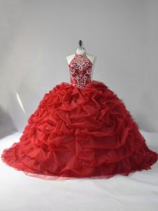 Court Train Ball Gowns 15 Quinceanera Dress Wine Red Halter Top Organza Sleeveless Lace Up