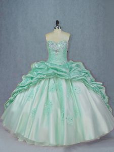 Sleeveless Organza and Taffeta Brush Train Lace Up 15th Birthday Dress in Apple Green with Beading and Pick Ups