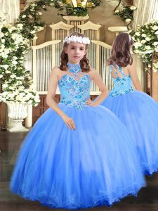 Blue Halter Top Lace Up Appliques Pageant Gowns For Girls Sleeveless