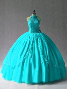 Aqua Blue Lace Up 15th Birthday Dress Appliques Sleeveless Floor Length