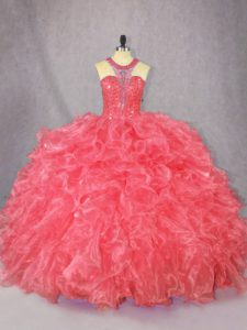 Beauteous Coral Red Ball Gowns Scoop Sleeveless Organza Floor Length Zipper Beading and Ruffles Quinceanera Gown