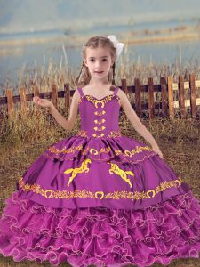 High End Fuchsia Organza Lace Up Straps Sleeveless Floor Length Little Girl Pageant Dress Beading and Embroidery and Ruffled Layers