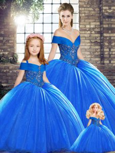Cute Royal Blue Sleeveless Brush Train Beading Sweet 16 Dress