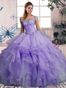 Lavender Sleeveless Floor Length Beading and Ruffles Lace Up 15 Quinceanera Dress