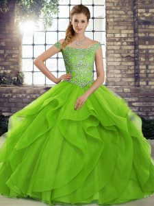Off The Shoulder Sleeveless Brush Train Lace Up Quinceanera Dresses Green Tulle