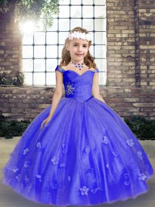 Floor Length Blue Pageant Dresses Tulle Sleeveless Beading and Hand Made Flower