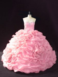 Low Price Sweetheart Sleeveless Quinceanera Dress Court Train Beading and Pick Ups and Hand Made Flower Pink Organza