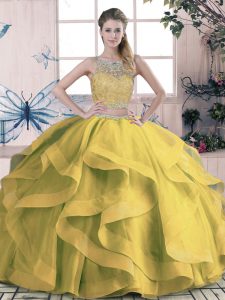 Olive Green Ball Gowns Scoop Sleeveless Tulle Floor Length Lace Up Beading and Ruffles Vestidos de Quinceanera