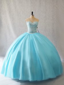 Sweetheart Sleeveless Lace Up Quince Ball Gowns Aqua Blue Tulle