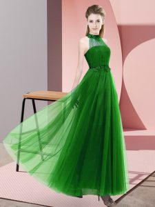 Luxurious Halter Top Sleeveless Damas Dress Floor Length Beading and Appliques Green Tulle