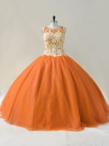 Orange Tulle Lace Up Military Ball Gown Sleeveless Floor Length Beading and Appliques