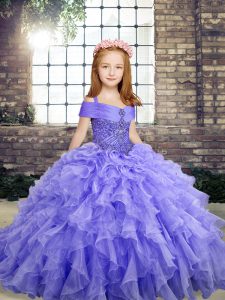 Floor Length Lace Up Pageant Dress for Teens Lavender for Party and Military Ball and Wedding Party with Beading and Ruffles