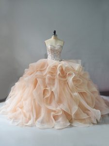 Graceful Sweetheart Sleeveless Quinceanera Gowns Brush Train Beading and Ruffles Champagne and Pink And White Organza