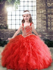 Red Straps Lace Up Beading and Ruffles Little Girls Pageant Gowns Sleeveless