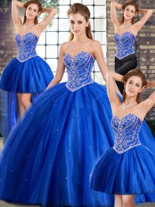 Blue Lace Up Sweetheart Beading Quinceanera Gown Tulle Sleeveless Brush Train