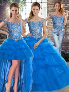 On Sale Blue Tulle Lace Up Sweet 16 Quinceanera Dress Sleeveless Brush Train Beading and Pick Ups
