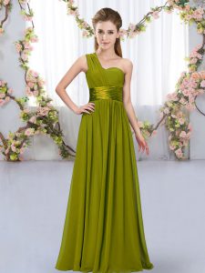Floor Length Olive Green Dama Dress One Shoulder Sleeveless Lace Up