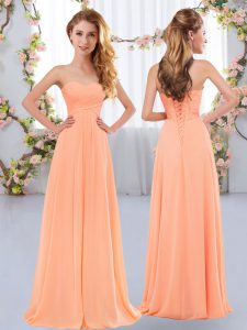 Sleeveless Chiffon Floor Length Lace Up Quinceanera Court of Honor Dress in Peach with Ruching